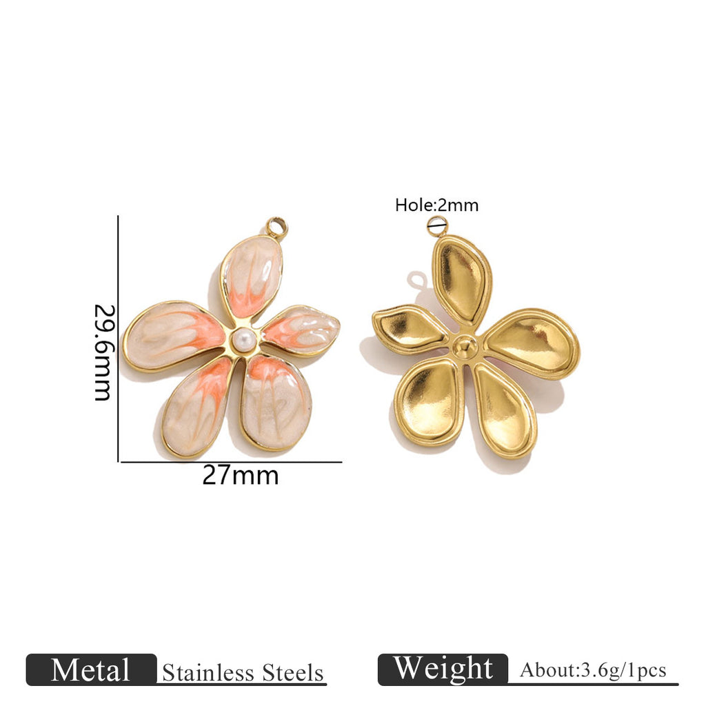 Two gold-toned flower pendant charms, one with pink and white enamel petals and pearl center, 29.6mm by 27mm