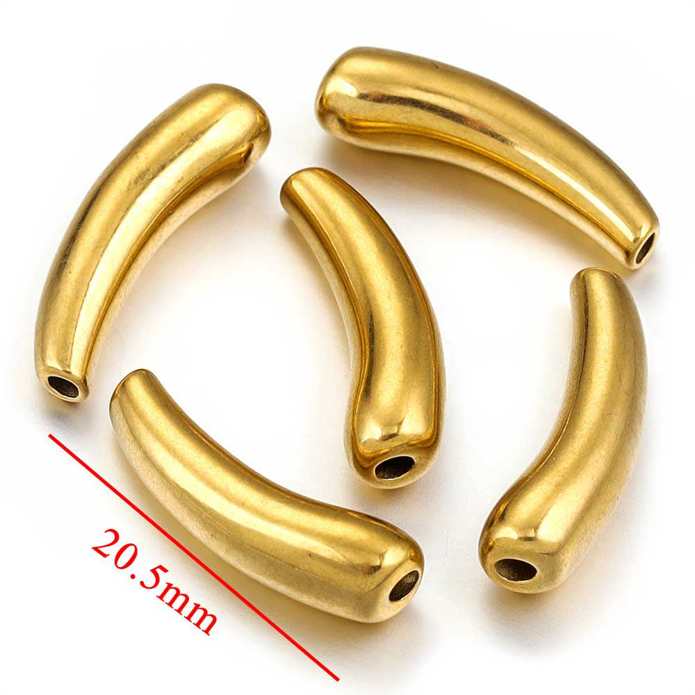 Five gold curved tube beads with drilled holes, 20.5mm size chart on white background