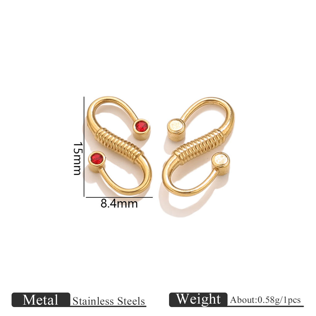 Two gold stainless steel S-hook clasps with red and white stones, 15mm by 8.4mm dimensions