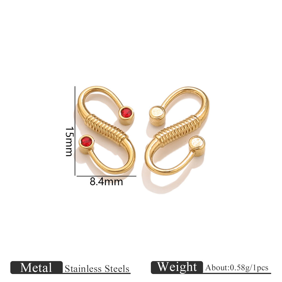 Two gold stainless steel S-hook clasps with red and white stones, 15mm by 8.4mm dimensions