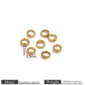 Eight gold-plated stainless steel double-ring spacer connectors on white background with 5.5mm size dimensions