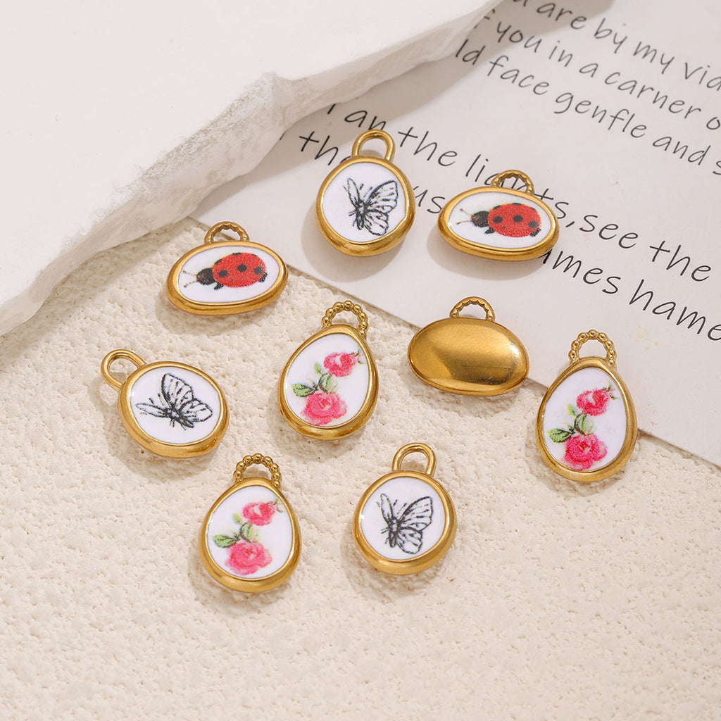 18K Gold-Plated Stainless Steel Vintage Printed Enamel Pendant Charm 3pcs