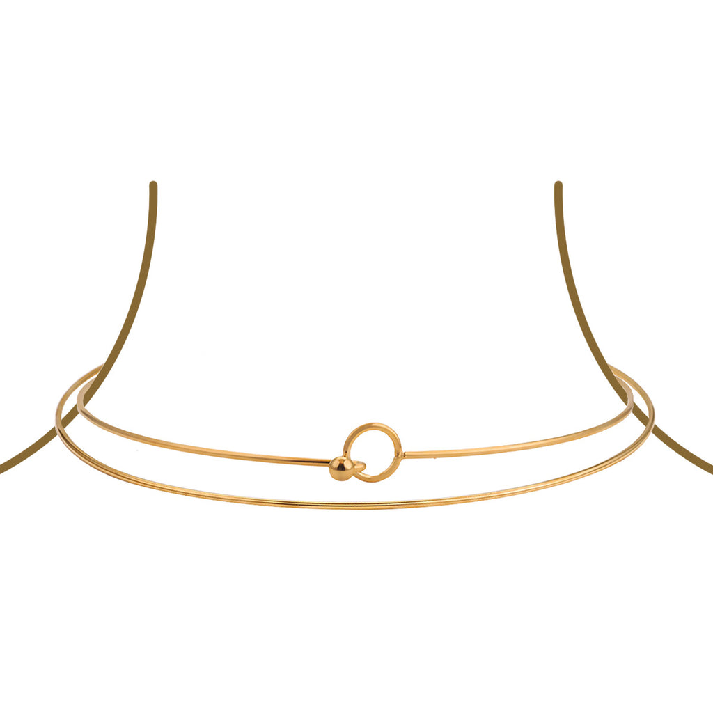 Gold stainless steel double-wire rigid choker necklace with loop clasp on white display background