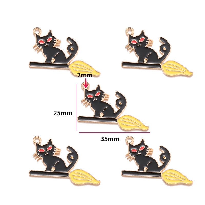 Five black cat enamel charms with red eyes sitting on yellow broomsticks, 35mm by 25mm size shown