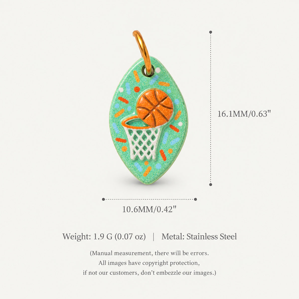 Teardrop turquoise basketball charm pendant with orange ball and net, shown with size measurements.