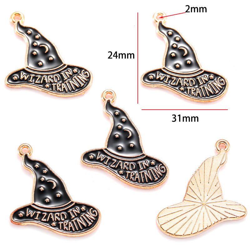 Five wizard hat charms with Wizard in Training text, 24mm by 31mm