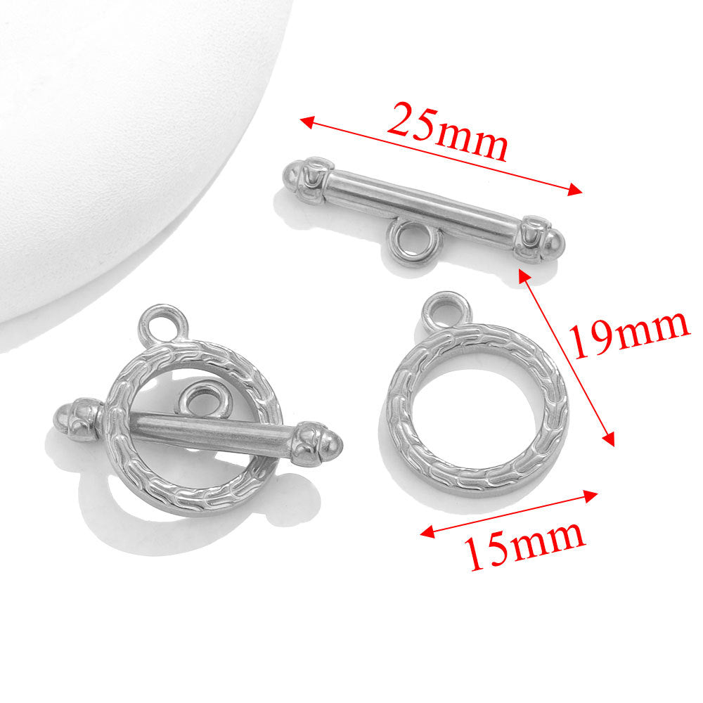 Steel textured round toggle clasps with red dimension arrows showing 25mm, 19mm, and 15mm on white background