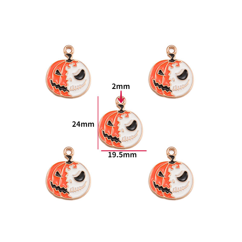 Five orange pumpkin charms with jack-o'-lantern faces on white background; central charm labeled 24mm by 19.5mm