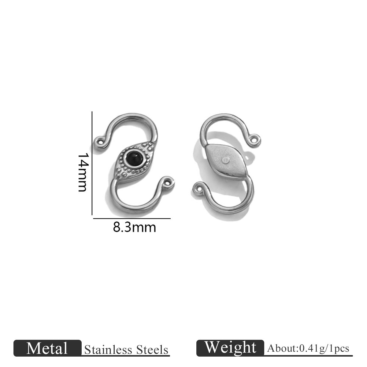 Silver stainless steel S-hook clasp with black stone, front and back views with 14mm by 8.3mm dimensions