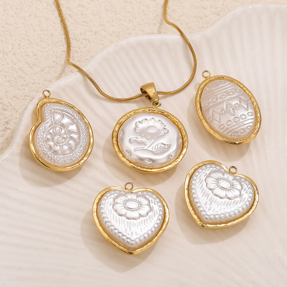 French Vintage Stainless Steel Framed Acrylic Floral Heart Pendant 5pcs