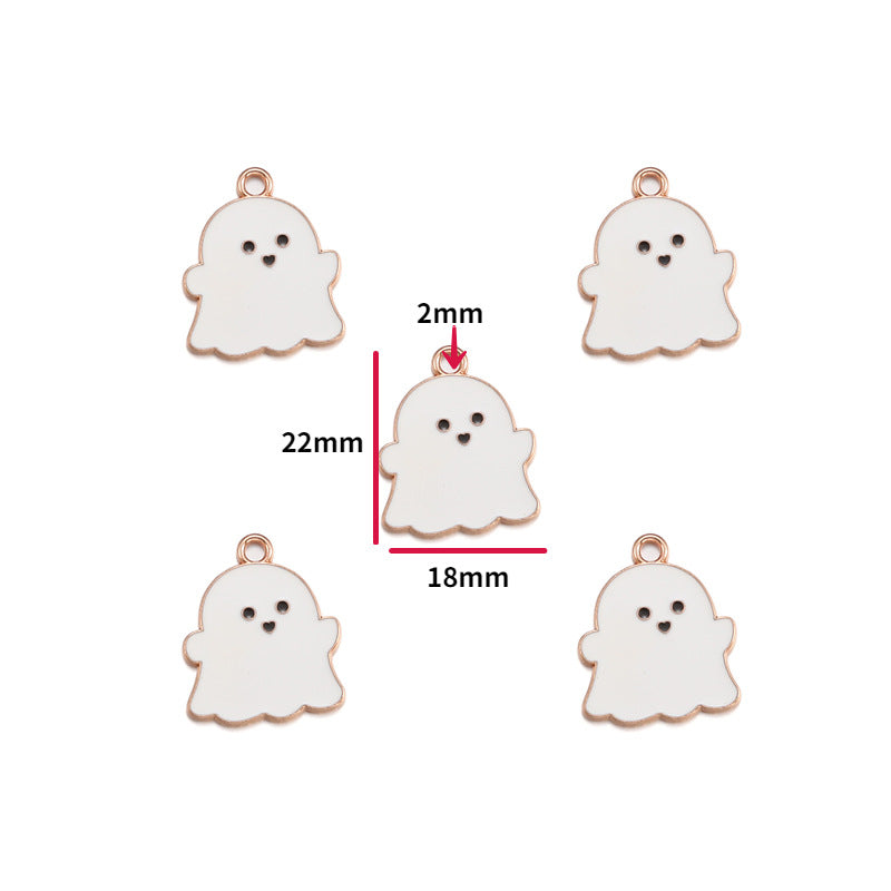 Five white ghost-shaped jewelry charms with rose gold borders are arranged on a white background, with a central charm overlaid with red dimension lines and text showing 22mm height, 18mm width, and 2mm arrow detail.