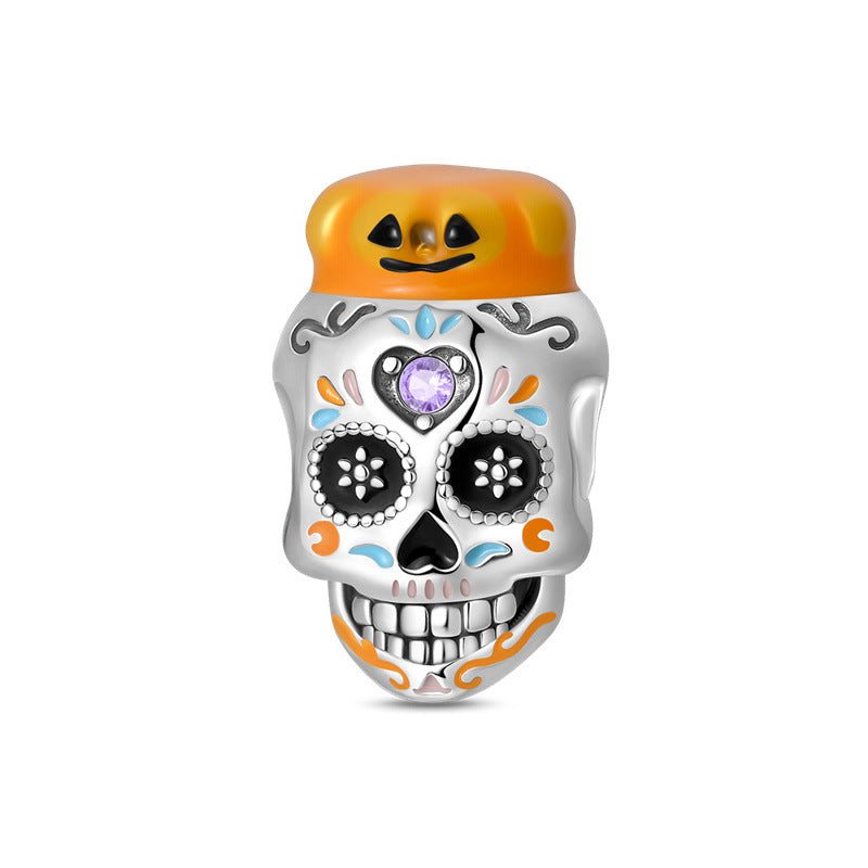 Silver-plated sugar skull bead wearing an orange jack-o'-lantern pumpkin hat with colorful enamel details