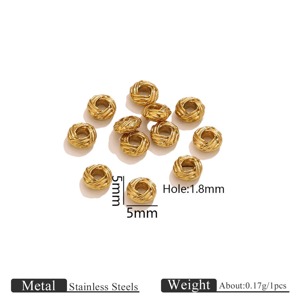 Gold-tone twisted bird's nest spacer beads with dimension markings showing 8mm diameter