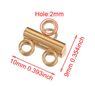 Gold connector bar with three rings, technical diagram showing 10mm length, 9mm width, 2mm hole