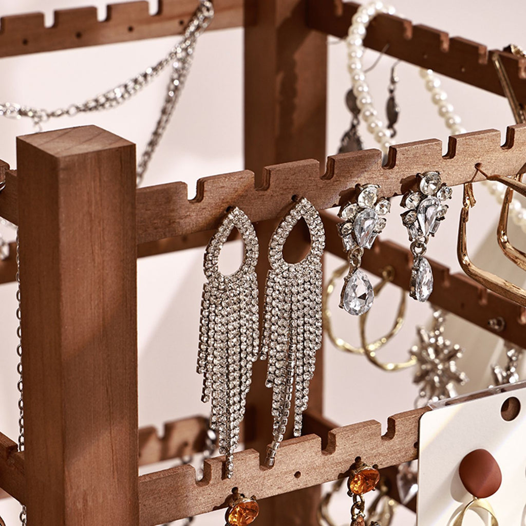 Vintage Walnut-Color Wooden Jewelry Display Rack – Four-Sided Multi-Tier Jewelry Organizer for Earrings, Bracelets & Retail Displays