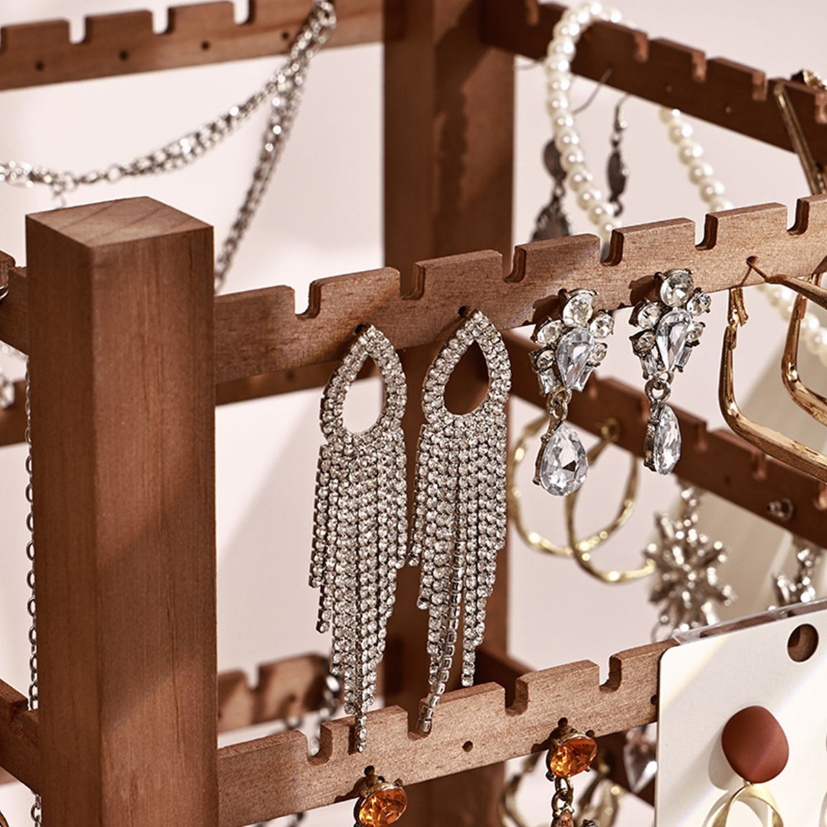 Vintage Walnut-Color Wooden Jewelry Display Rack – Four-Sided Multi-Tier Jewelry Organizer for Earrings, Bracelets & Retail Displays