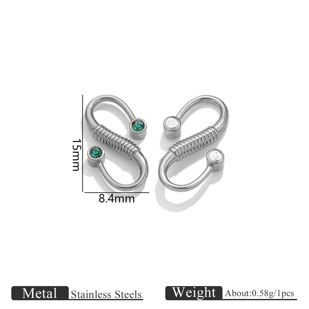 Two silver stainless steel S-hook clasps with green and white stones, 15mm by 8.4mm dimensions