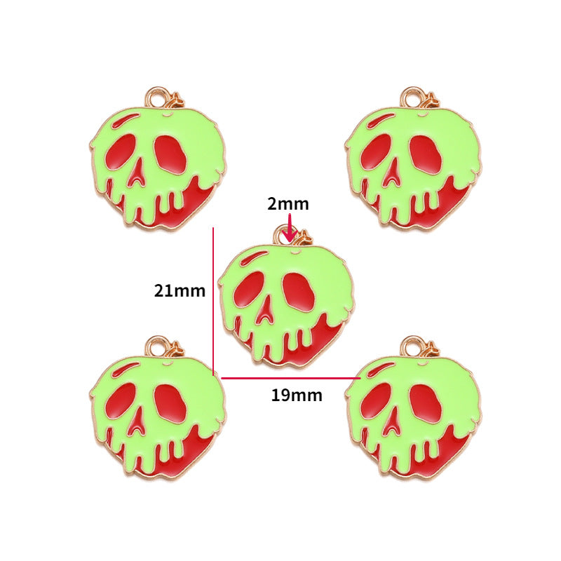 Five skull-shaped charms with dripping neon green finish and red details, 21mm