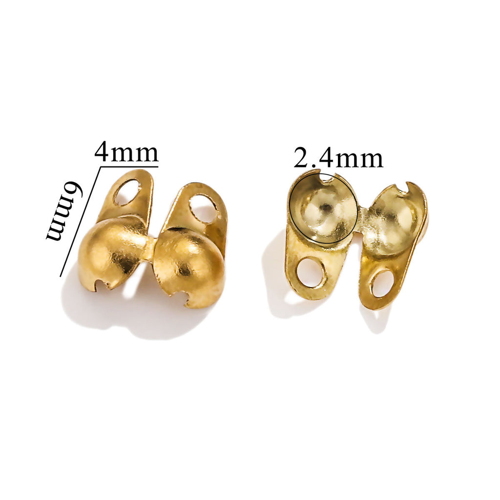 Two gold-toned ball chain connector clasps on white background with dimensions labeled 9mm, 4mm, 2.4mm