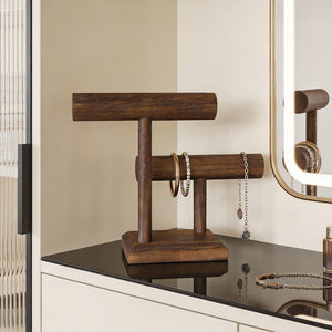 Vintage Solid Wood Double-Tier Bracelet Display Stand – Rustic Wooden Jewelry Organizer for Watches, Necklaces & Bracelets