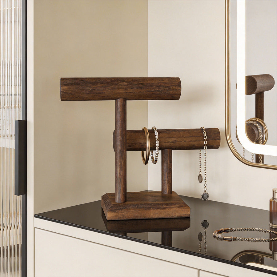 Vintage Solid Wood Double-Tier Bracelet Display Stand – Rustic Wooden Jewelry Organizer for Watches, Necklaces & Bracelets