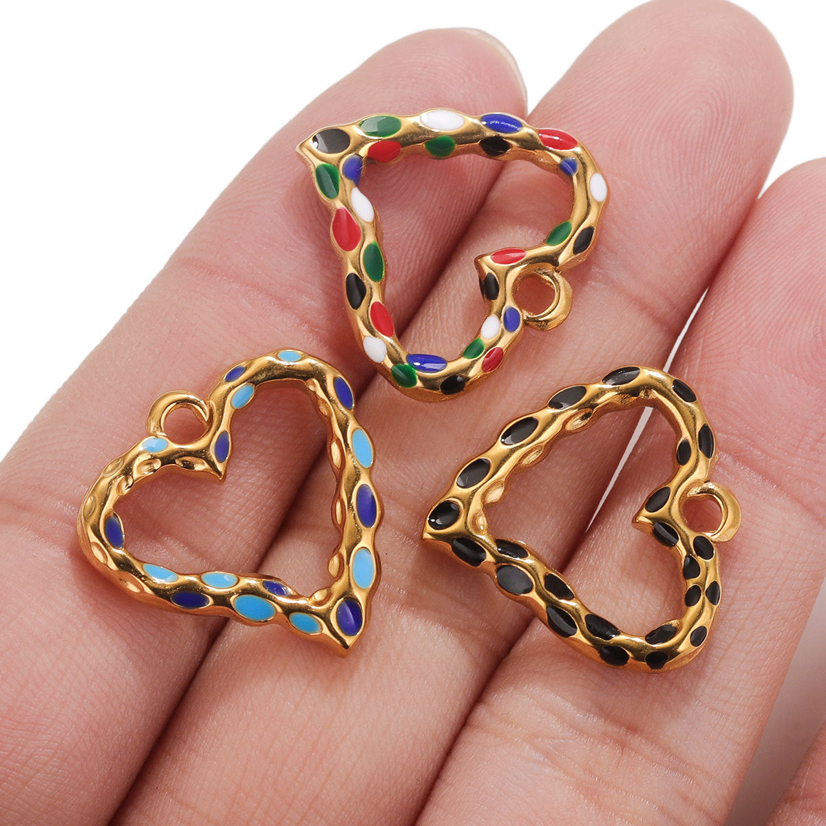 Stainless Steel Spotted Enamel Heart Pendant Charms 5pcs