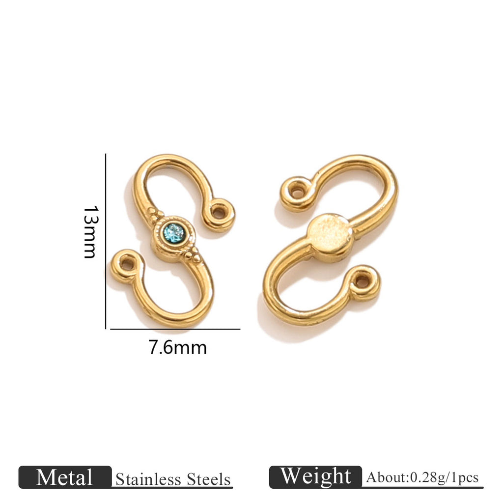 Two gold stainless steel S-hook clasps with turquoise stone, front and back views with 13mm by 7.6mm dimensions