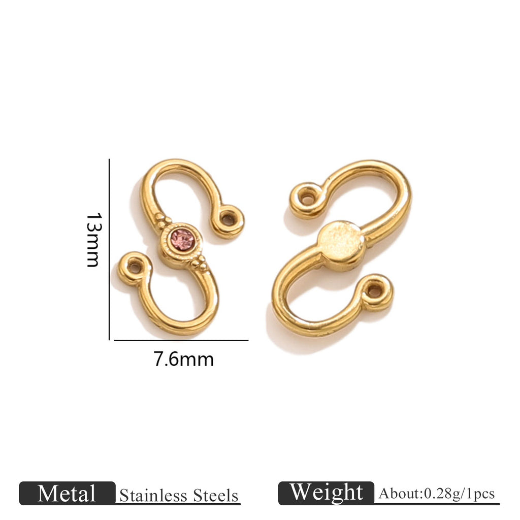 Two gold stainless steel S-hook clasps with pink stone, front and back views with 13mm by 7.6mm dimensions