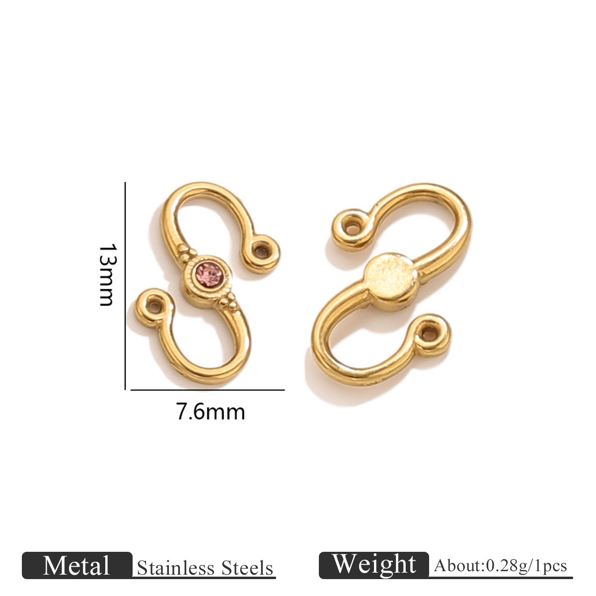 Two gold stainless steel S-hook clasps with pink stone, front and back views with 13mm by 7.6mm dimensions