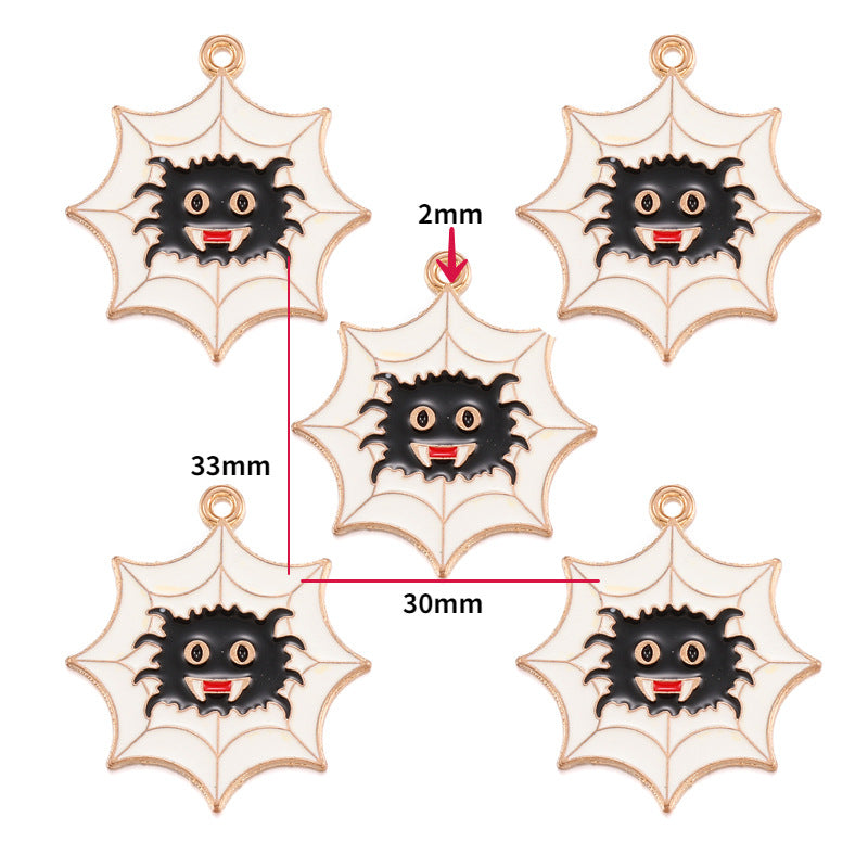 Five spiderweb charms with black spider faces and rose gold outline, 33mm