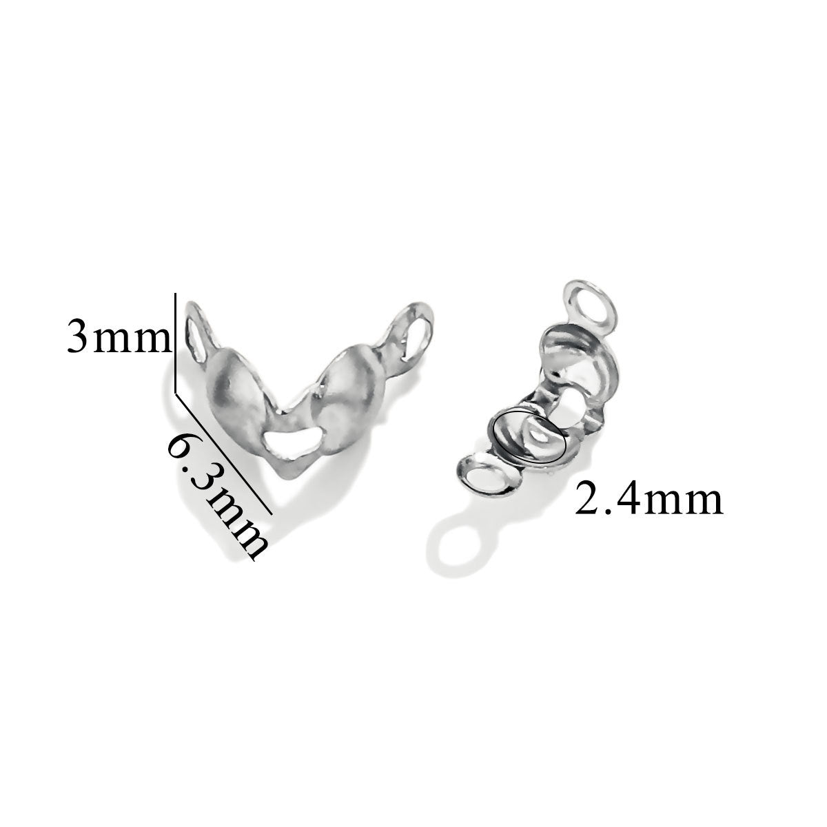 Two silver ball chain connector clasps on white background with dimension labels showing 3mm, 6.3mm, 2.4mm