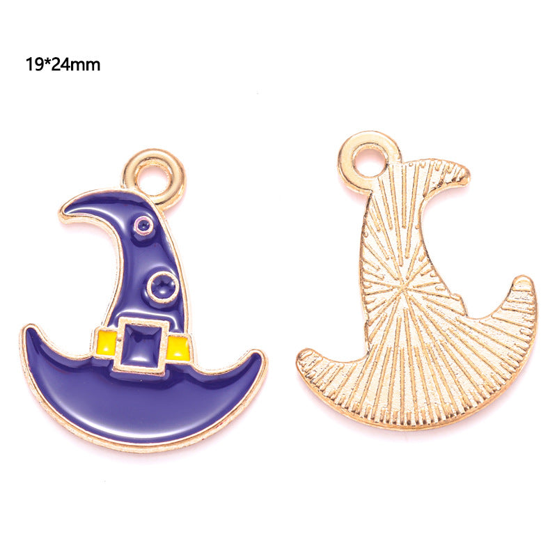 Two gold-tone crescent moon charms with purple enamel, front and back, 19 by 24mm