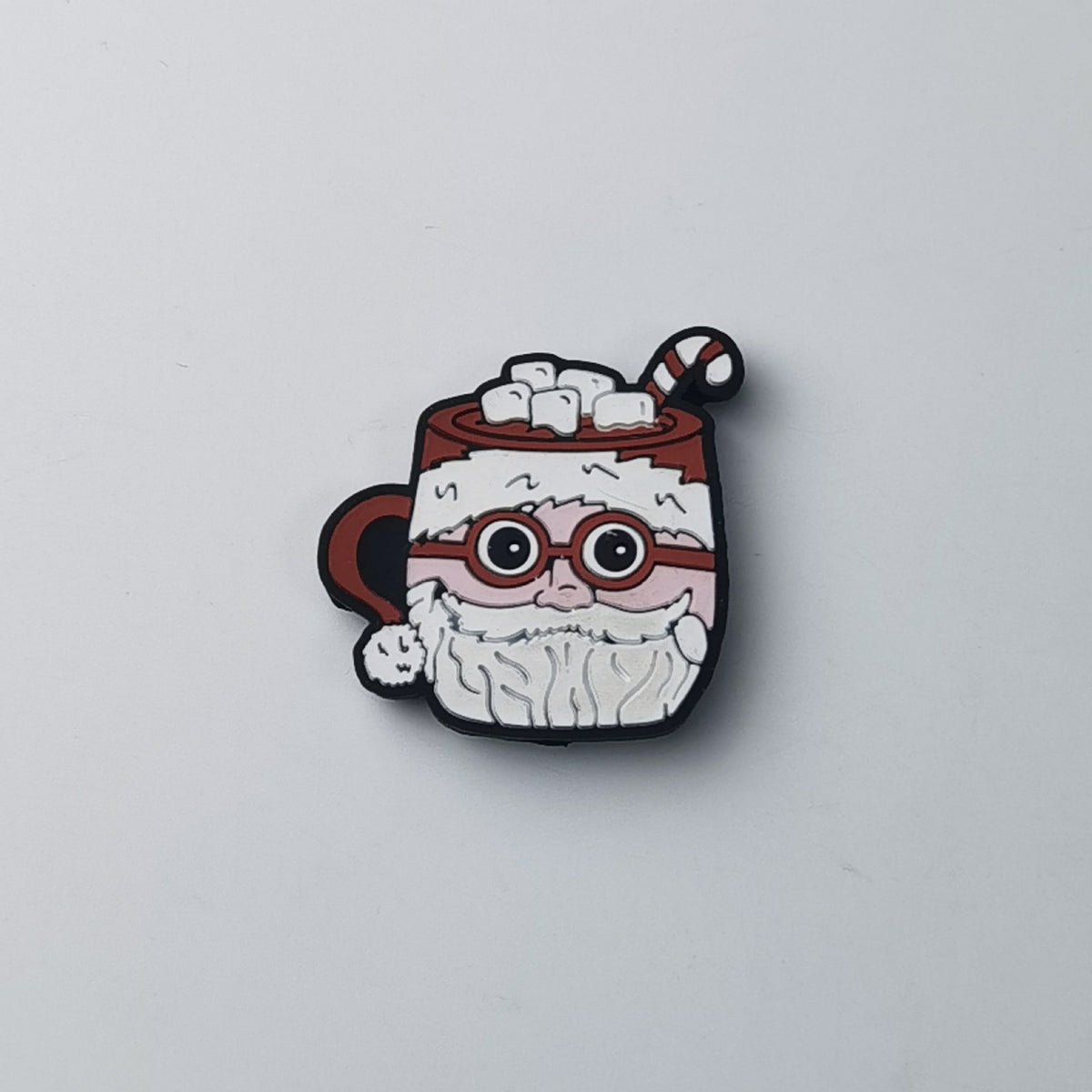Santa Claus hot chocolate cup silicone focal bead with white beard, red glasses, marshmallows and striped candy cane