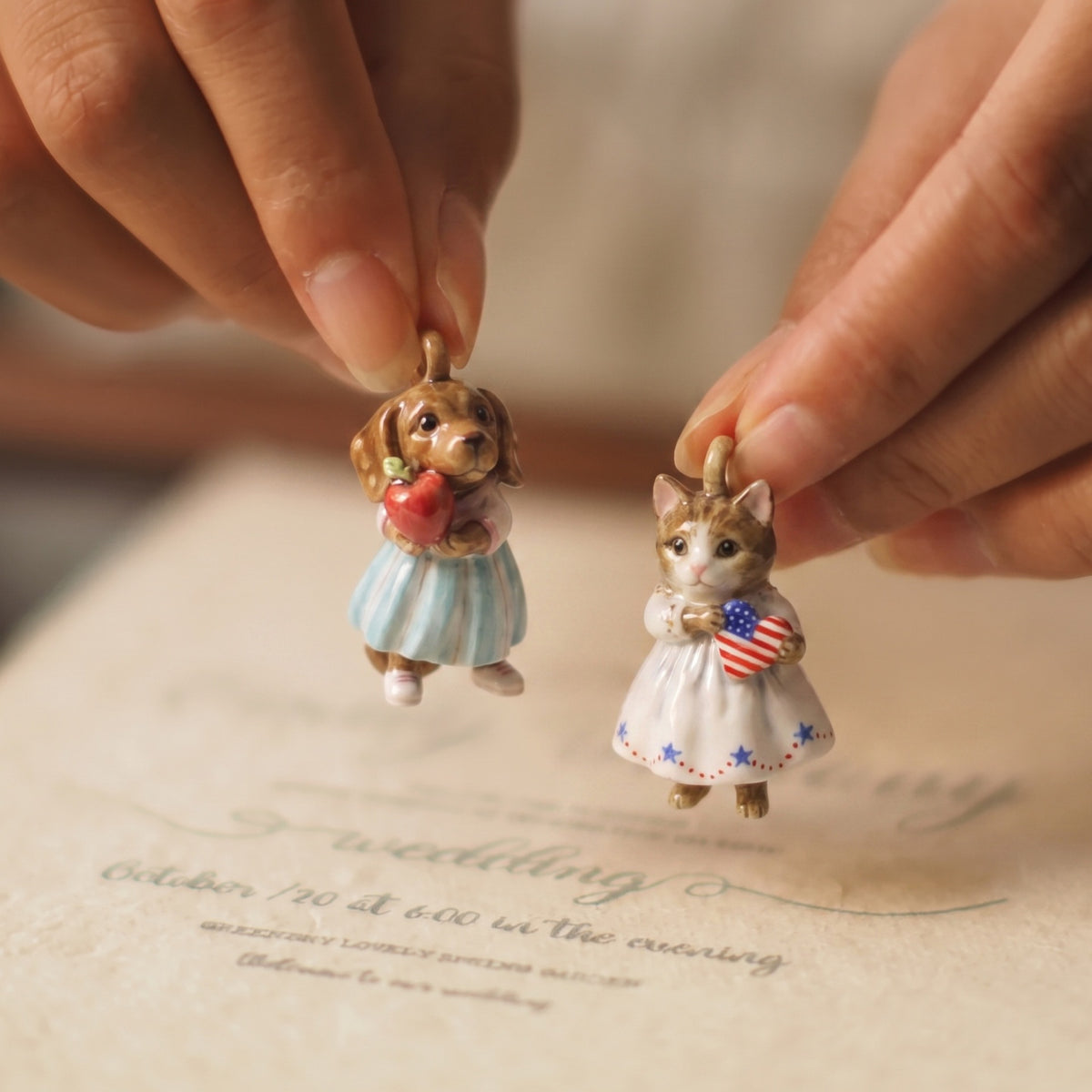 Fingers holding two 3D animal charms: brown dog in blue dress with red apple, and cat in white star dress with American flag.