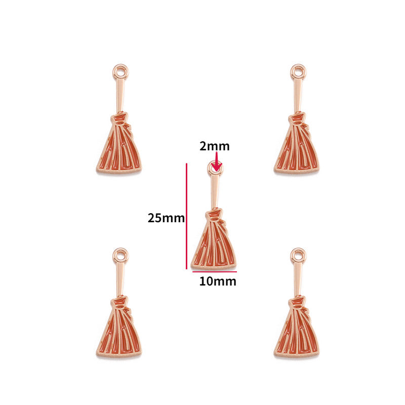 Five rose gold mini tassel charms on white, center charm shows 25mm height, 10mm width, 2mm loop.