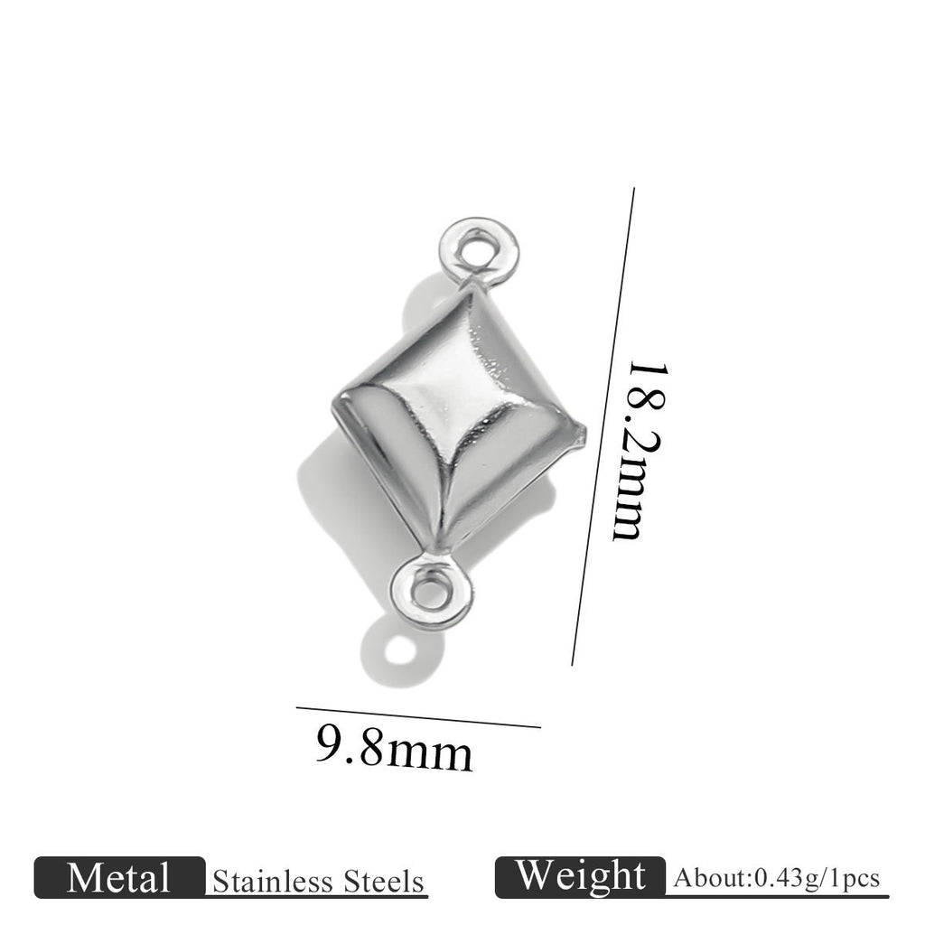 Stainless steel double-hole hollow rhombus connector charm with size dimensions on white background