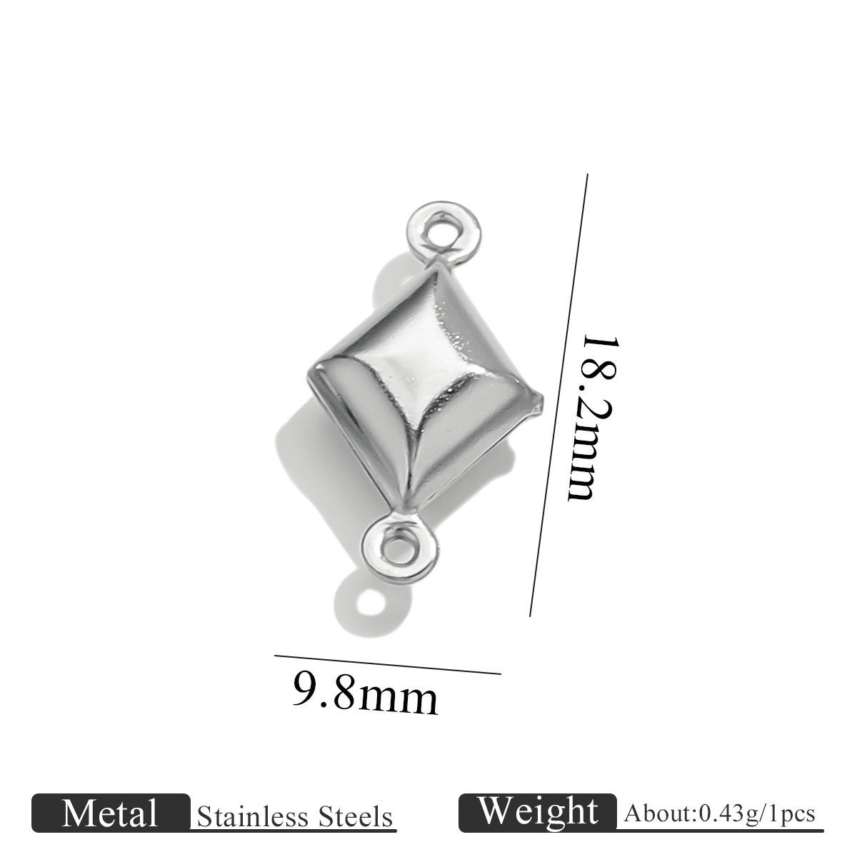 Stainless steel double-hole hollow rhombus connector charm with size dimensions on white background