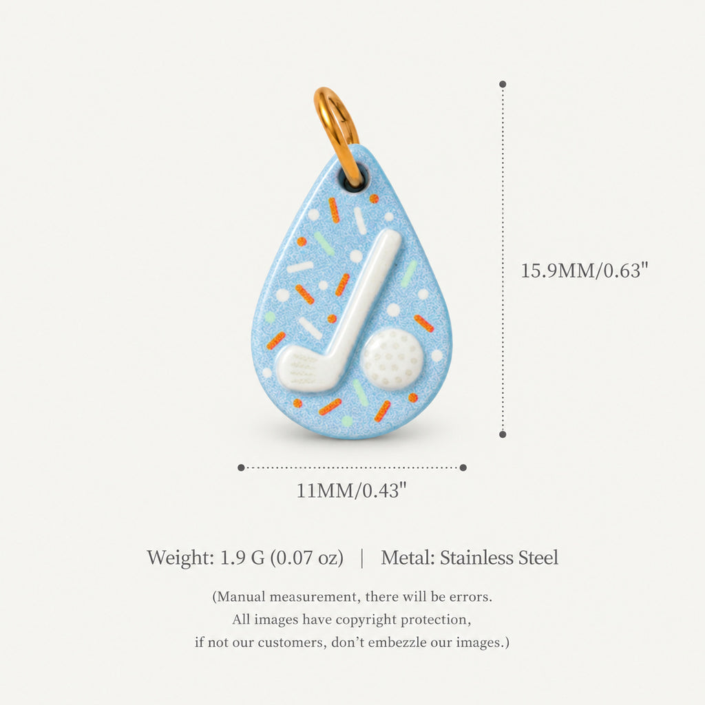 Teardrop light blue golf charm pendant with clubs and balls, shown with size measurements.