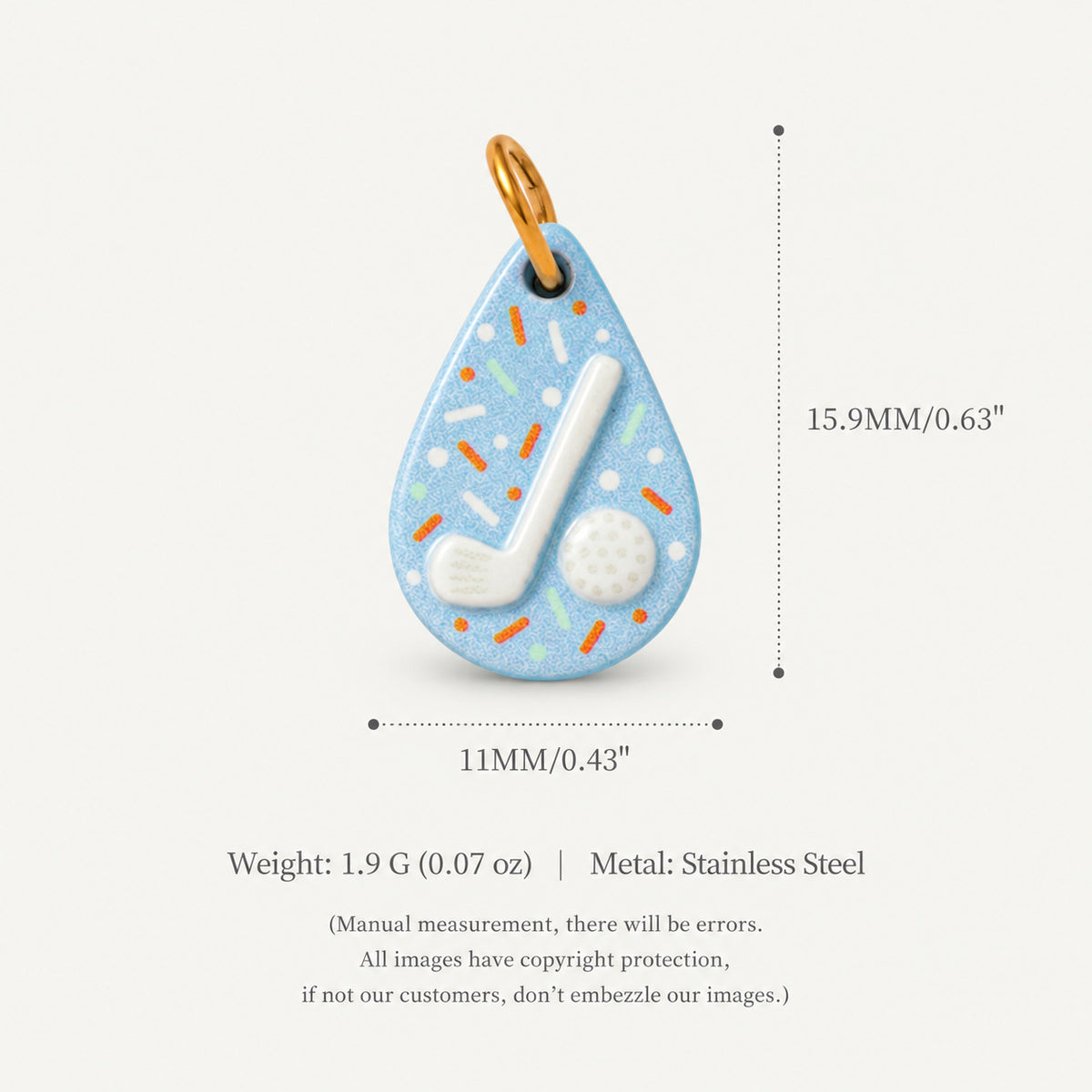 Teardrop light blue golf charm pendant with clubs and balls, shown with size measurements.