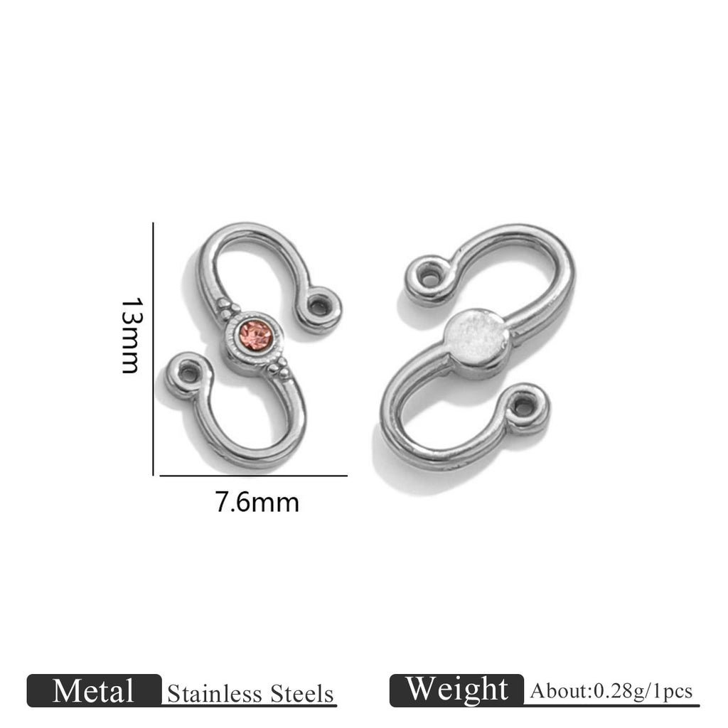 Two silver stainless steel S-hook clasps with pink stone, front and back views with 13mm by 7.6mm dimensions