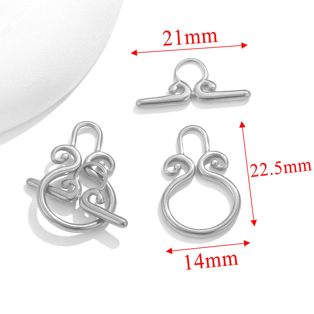 Steel scroll-shaped toggle clasps with red dimension arrows showing 21mm, 22.5mm, and 14mm on white background