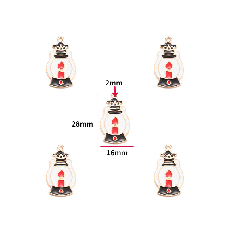 Five black and red enamel lantern charms with gold-tone trim, 28mm by 16mm size shown