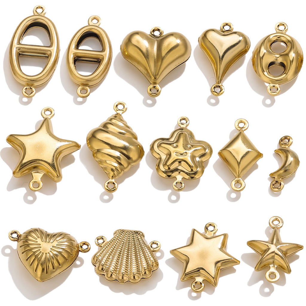 Gold-plated stainless steel double-hole hollow connector charms, buckle heart star shell moon shapes, white background