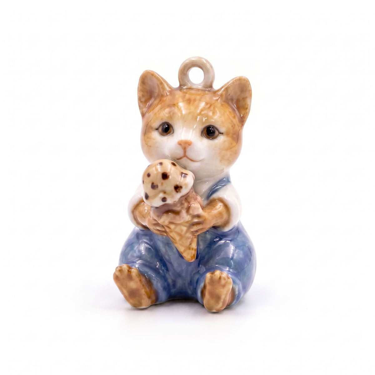 3D kitten pendant charm holding ice cream cone, wearing blue overalls and white shirt.