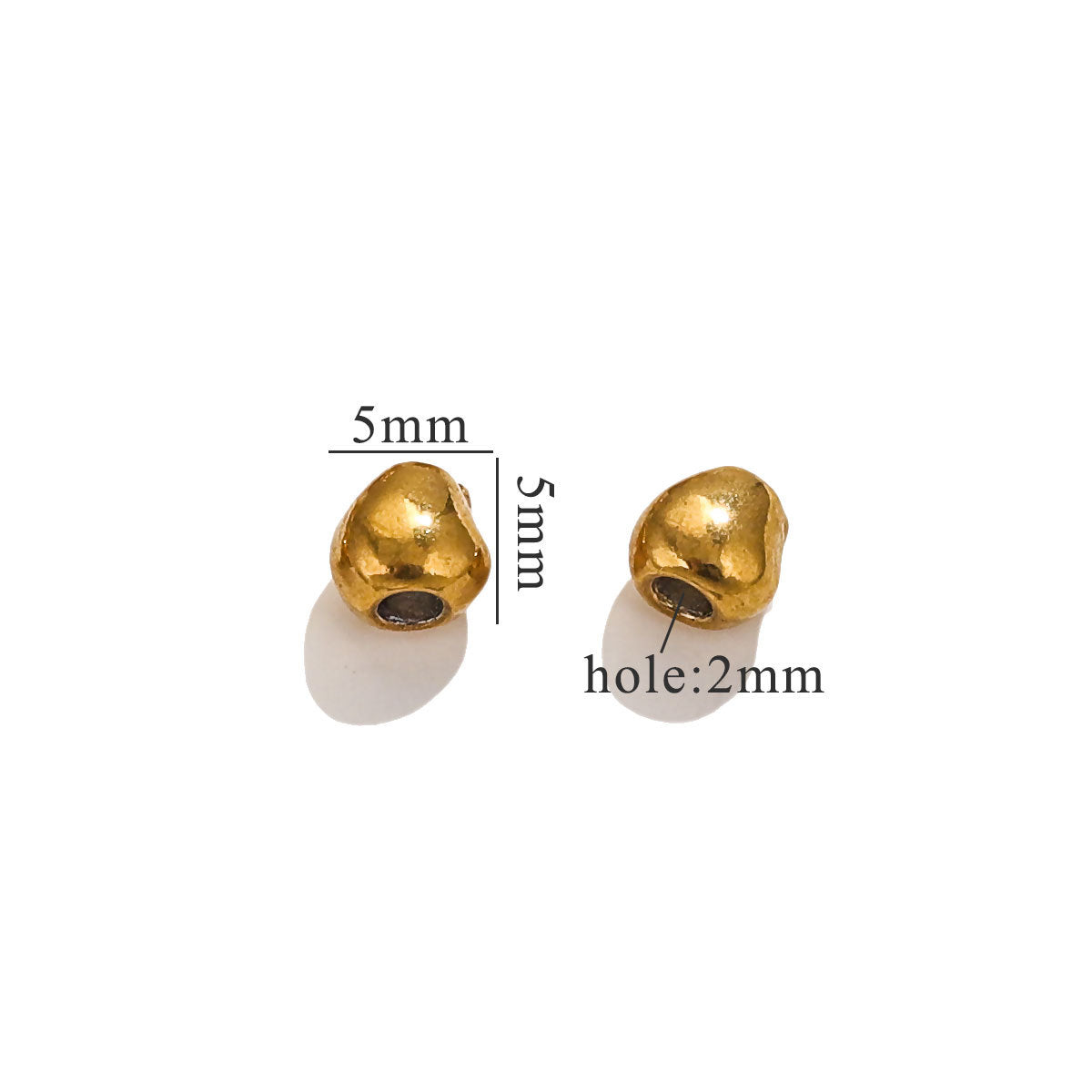 Two gold-plated baroque irregular spacer beads with size measurements on white background