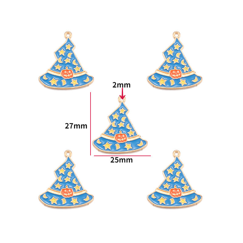 Five blue witch hat enamel charms with gold trim, star-and-moon pattern, and orange pumpkin detail