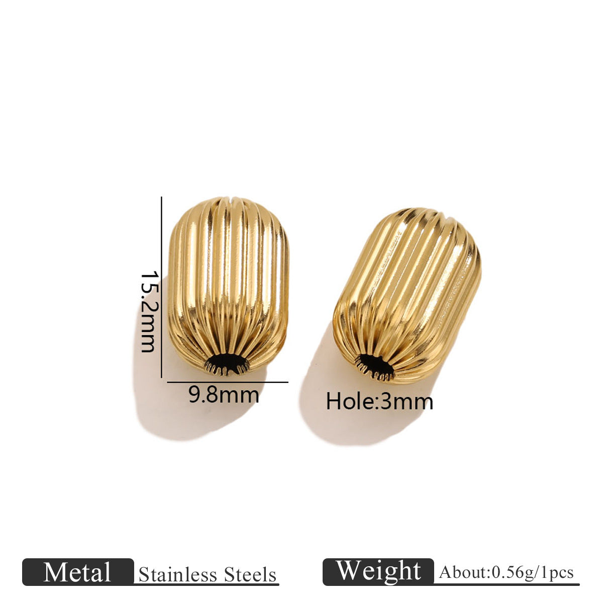 18K Gold-Plated Stainless Steel Ribbed Teardrop Spacer Beads 10pcs