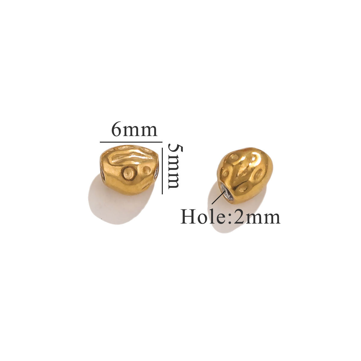 Gold baroque irregular spacer beads with size measurements on white background