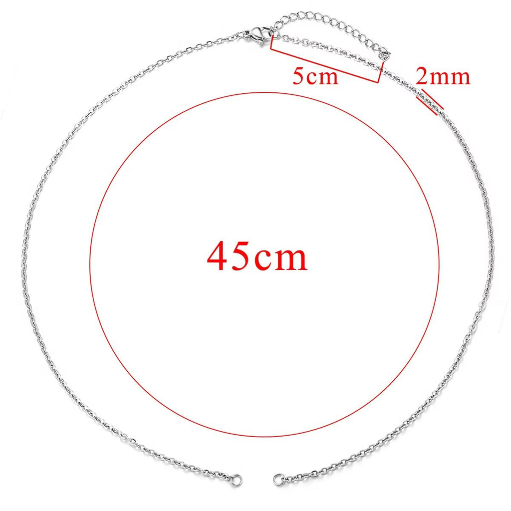 Silver chain connector link with size chart showing 45cm length, 5cm extender and 2mm width
