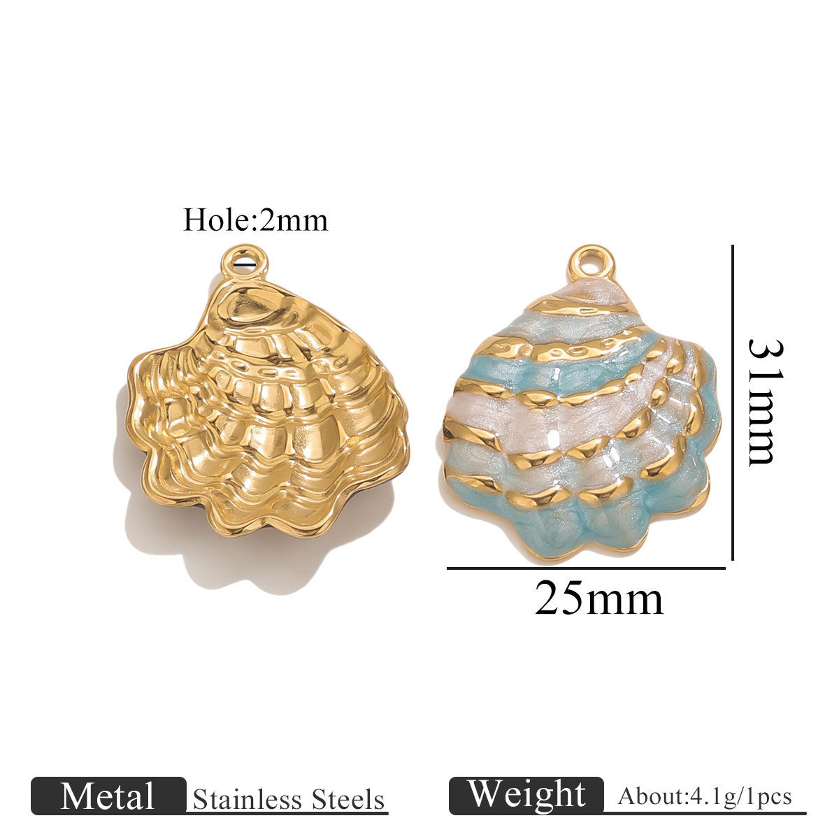 18K Gold-Plated Stainless Steel Enamel Seashell Pendant Charm 2pcs